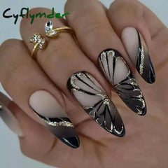 Cyflymder 24Pcs Detachable Almond French Full Cover False Nails Silver Butterfly Lines Stiletto Fake Nials Press On Nails DIY Manicure
