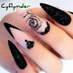 Cyflymder 24Pcs Detachable Almond French Full Cover False Nails Silver Butterfly Lines Stiletto Fake Nials Press On Nails DIY Manicure