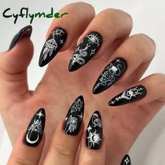 Cyflymder 24Pcs Detachable Almond French Full Cover False Nails Silver Butterfly Lines Stiletto Fake Nials Press On Nails DIY Manicure