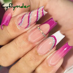 Cyflymder 24pcs Detachable Cat Eyes Red Wine False Nails with Glue Full Cover Ballet Square Almond Shiny Acrylic Press on Fake Nails Tips