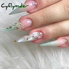 Cyflymder 24Pcs Extra Long Stiletto False Nails Pointy French Fake Nails Glitter Detachable Almond Press on Nails Full Cover Nail Tips