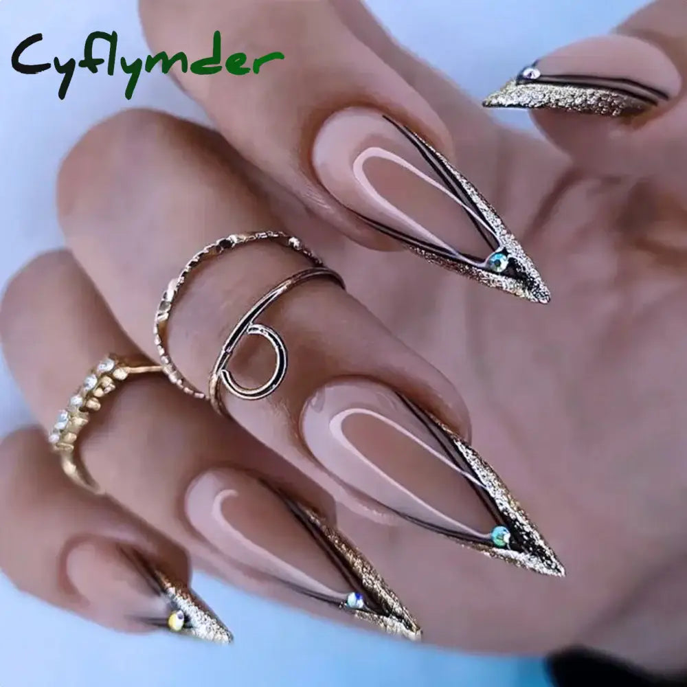 Cyflymder 24Pcs Extra Long Stiletto False Nails Pointy French Fake Nails Glitter Detachable Almond Press on Nails Full Cover Nail Tips