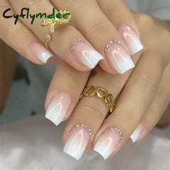 Cyflymder 24pcs False Nail Full Cover Fake Nail Elegant Pink Gradient Glitter French Short Nails Coffin Short False Nail Press On Nails