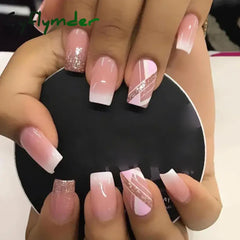 Cyflymder 24pcs False Nail Full Cover Fake Nail Elegant Pink Gradient Glitter French Short Nails Coffin Short False Nail Press On Nails