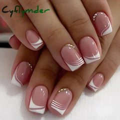 Cyflymder 24pcs False Nail Full Cover Fake Nail Elegant Pink Gradient Glitter French Short Nails Coffin Short False Nail Press On Nails