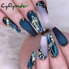 Cyflymder 24Pcs False Nails Rhinestone Glitter Marble Grain Design Fake Fingernails Long Ballet Wearable Acrylic Full Cover Press on Nails