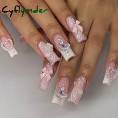 Cyflymder 24Pcs False Nails Rhinestone Glitter Marble Grain Design Fake Fingernails Long Ballet Wearable Acrylic Full Cover Press on Nails