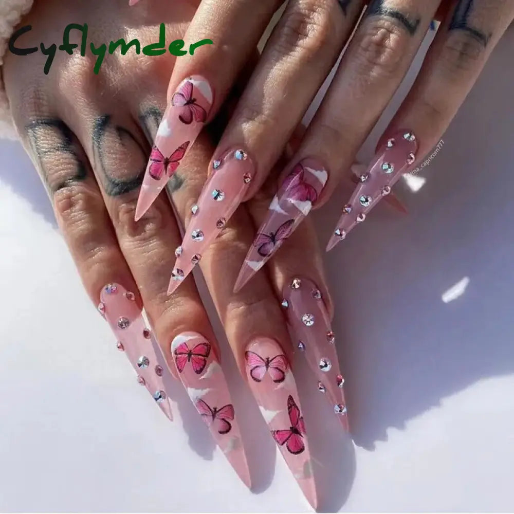 Cyflymder 24Pcs False Nails With Glue Almond Pink Butterfly Design Detachable Rhinestones Acrylic Fake Nails long stiletto Press On Nails