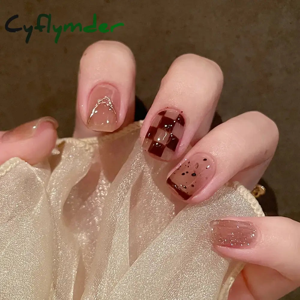 Cyflymder 24pcs French False Nails Short Cherry Design Fake Nails Art Full Coverage Waterproof Artificial Press on Nail with Tools