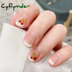 Cyflymder 24pcs French False Nails Short Cherry Design Fake Nails Art Full Coverage Waterproof Artificial Press on Nail with Tools