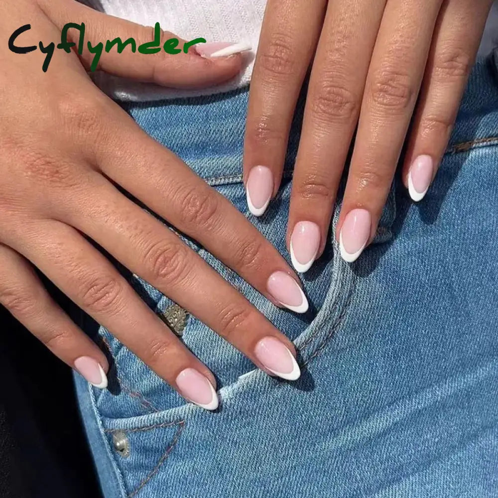 Cyflymder 24PCS French Oval False Nails Girls White Edge Design Nude Color Wearable Press on Nail Full Cover Short Acrylic Almond Fake Nails