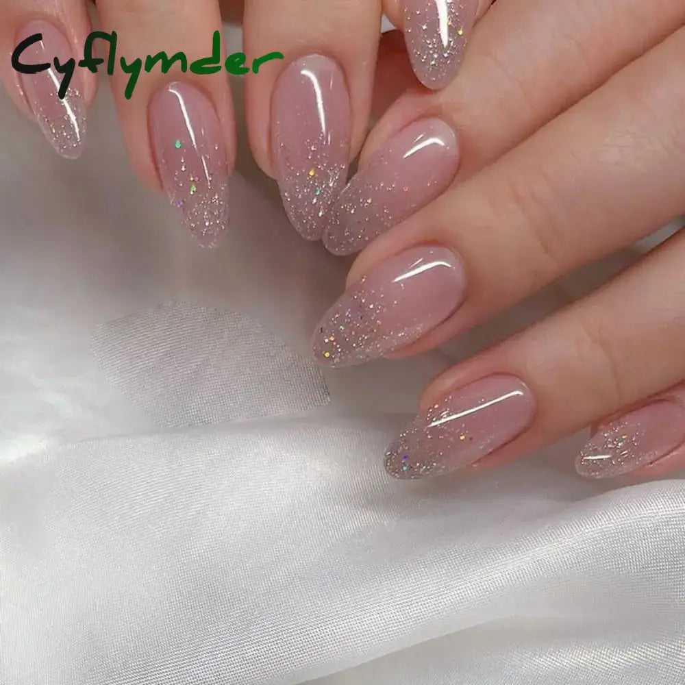 Cyflymder 24Pcs Glitter Star River False Nails French Long Almond Fake Nials DIY Manicure Detachable Nail Tips Full Cover Press on Nails