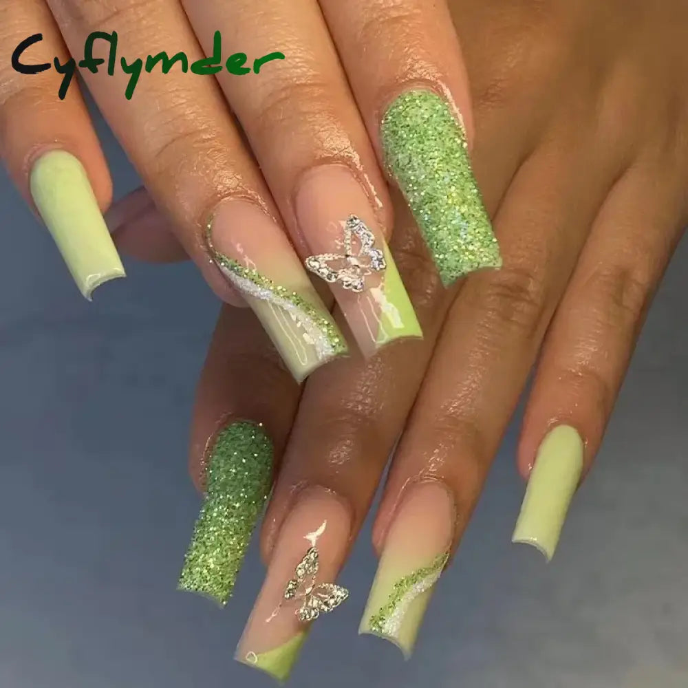 Cyflymder 24Pcs Green Butterfly False Nails Long Ballet Coffin Glitter with Glue French Design Wearable Fake Nails Press On Nail Tips