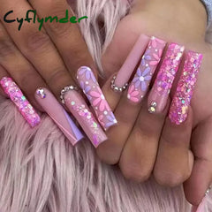 Cyflymder 24Pcs Green Butterfly False Nails Long Ballet Coffin Glitter with Glue French Design Wearable Fake Nails Press On Nail Tips