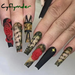 Cyflymder 24Pcs Long Ballerina Nails Set Press on Wearable Artifical False Nails with Glue Roses Pattern Designs Fake Nails Manicure tips