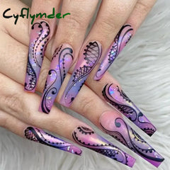 Cyflymder 24Pcs Long Ballerina Nails Set Press on Wearable Artifical False Nails with Glue Roses Pattern Designs Fake Nails Manicure tips