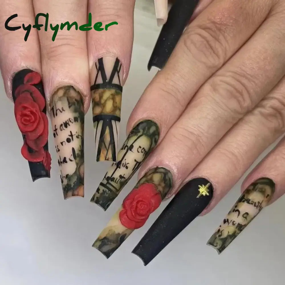 Cyflymder 24Pcs Long Ballerina Nails Set Press on Wearable Artifical False Nails with Glue Roses Pattern Designs Fake Nails Manicure tips