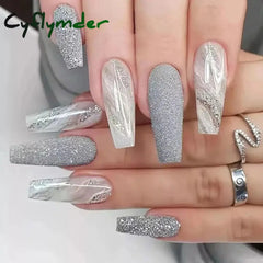 Cyflymder 24Pcs Long Coffin Fake Nails Detachable Marble Stripes Design False Nails with Glue Ballet Full Cover Nail Tips Press on Nails