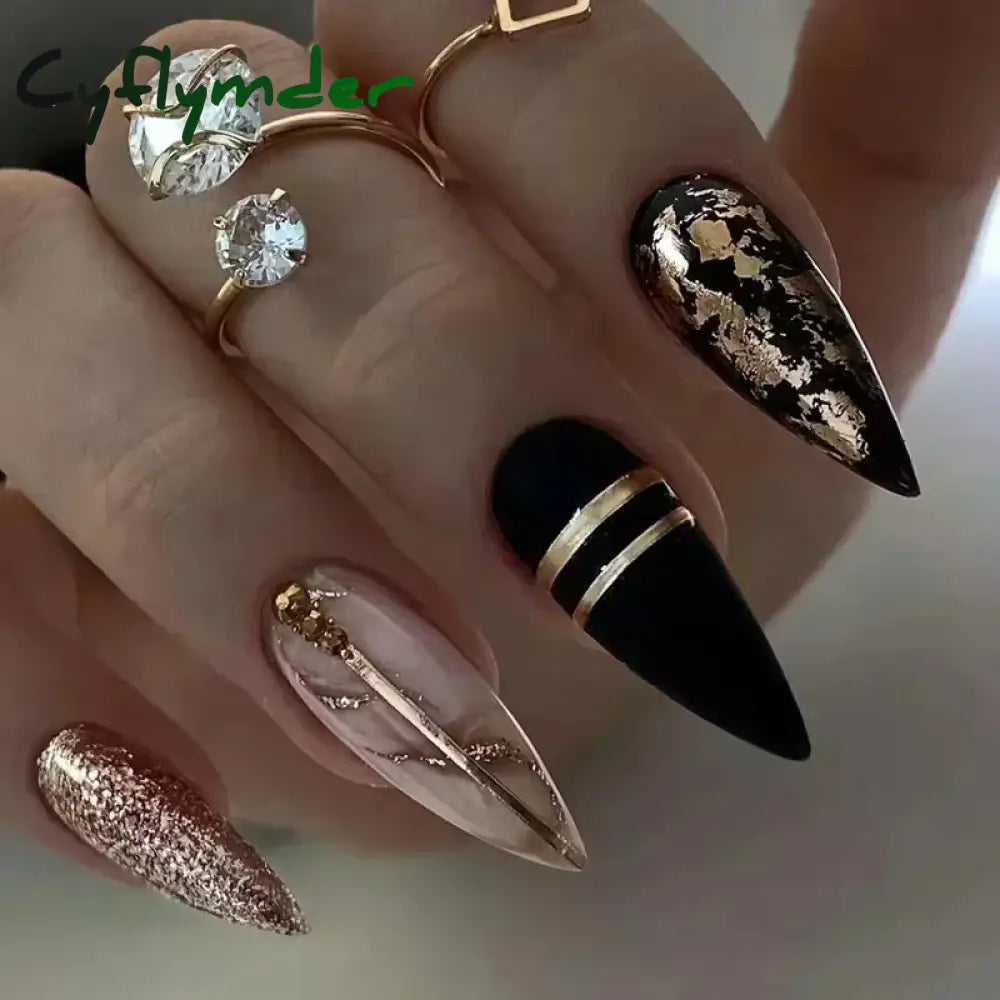 Cyflymder 24Pcs Long Stiletto Press on Nails Box Acrylic False Nails with Almond Designs Black Gold Foil French Full Cover Fake Nail Tips