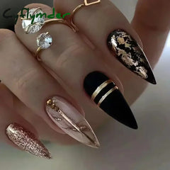 Cyflymder 24Pcs Long Stiletto Press on Nails Box Acrylic False Nails with Almond Designs Black Gold Foil French Full Cover Fake Nail Tips