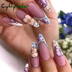 Cyflymder 24Pcs Long Stiletto Press on Nails Box Acrylic False Nails with Almond Designs Black Gold Foil French Full Cover Fake Nail Tips
