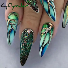 Cyflymder 24Pcs Long Stiletto Press on Nails Box Acrylic False Nails with Almond Designs Black Gold Foil French Full Cover Fake Nail Tips