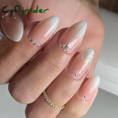 Cyflymder 24pcs milkey gradient white glitter false nails with glue press on nails almond acrylic fake nail diamond ballet artificial nail