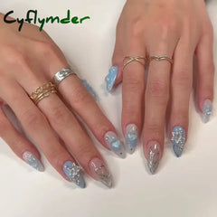 Cyflymder 24pcs milkey gradient white glitter false nails with glue press on nails almond acrylic fake nail diamond ballet artificial nail