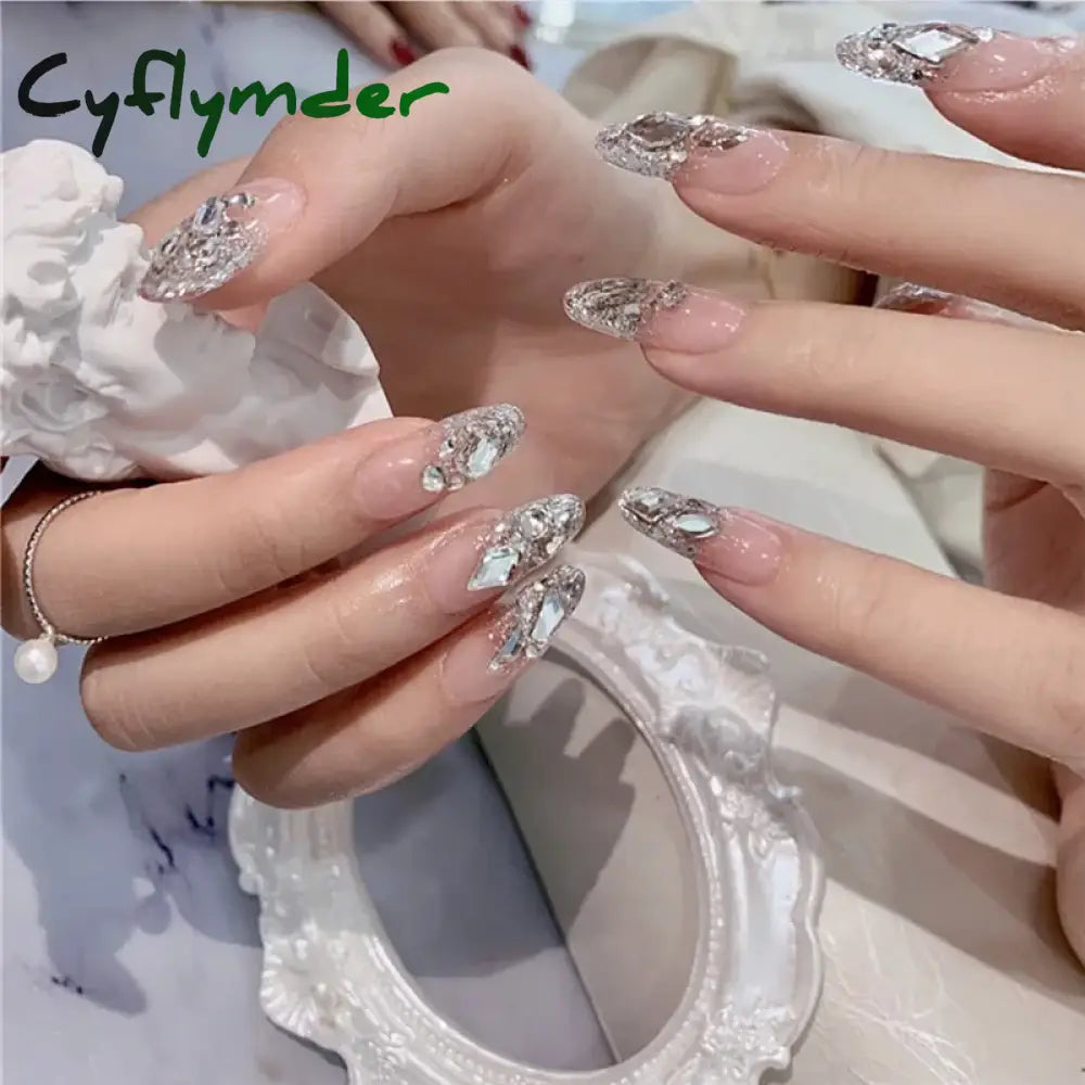 Cyflymder 24pcs Nail Art Fake Nails Pink and Silver Glitter Glitter Wearing Reusable False Nails Long Ballerina Press on Nail Art Set Tips