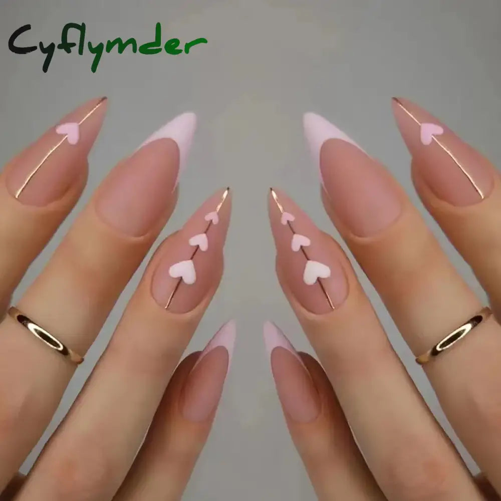 Cyflymder 24Pcs Round Head Fake Nails with French Design Long Almond Pink Love False Nail Tips Wearable Acrylic Full Cover Press on Nails