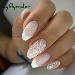 Cyflymder 24Pcs Round Head Fake Nails with French Design Long Almond Pink Love False Nail Tips Wearable Acrylic Full Cover Press on Nails