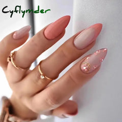 Cyflymder 24Pcs Round Head Fake Nails with French Design Long Almond Pink Love False Nail Tips Wearable Acrylic Full Cover Press on Nails