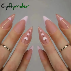 Cyflymder 24Pcs Round Head Fake Nails with French Design Long Almond Pink Love False Nail Tips Wearable Acrylic Full Cover Press on Nails