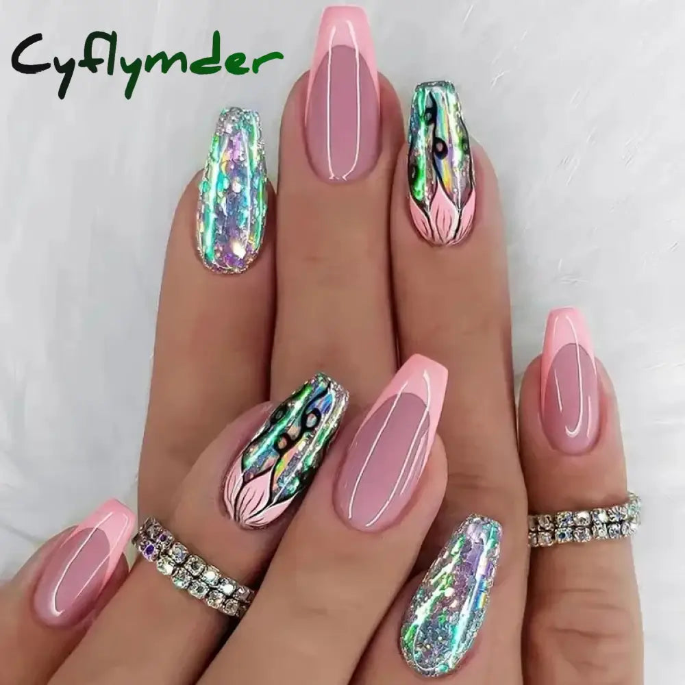 Cyflymder 24Pcs/Set Acrylic Long Ballet Press on Nail Tips Coffin Wearing Reusable False Nails Art Colorful Glossy Fake Nails Artificial