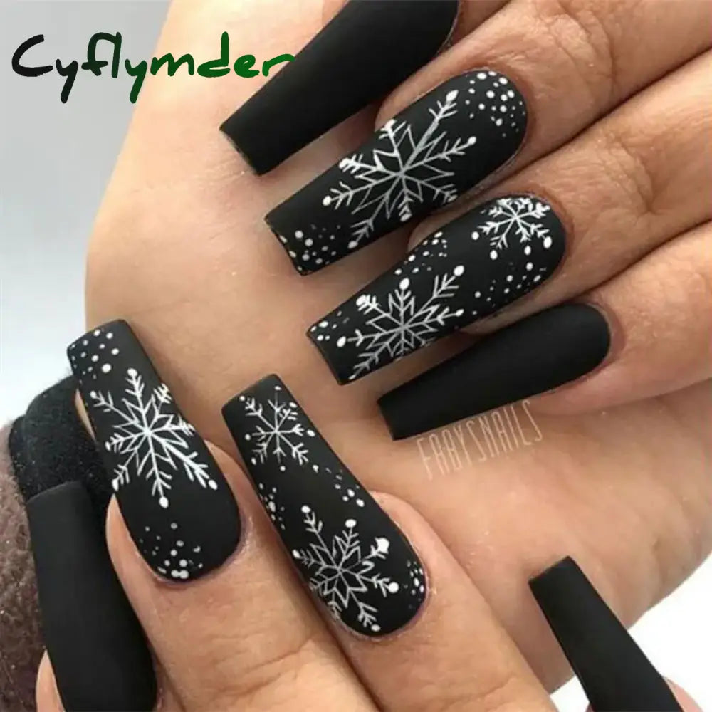 Cyflymder 24Pcs/Set Christmas Collection Black Long Ballet Wearing False Nails Art Snowflake Press on Acrylic Nail Tips Hot Stick on Nails