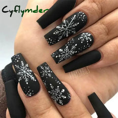Cyflymder 24Pcs/Set Christmas Collection Black Long Ballet Wearing False Nails Art Snowflake Press on Acrylic Nail Tips Hot Stick on Nails