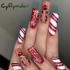 Cyflymder 24Pcs/Set Christmas Collection Black Long Ballet Wearing False Nails Art Snowflake Press on Acrylic Nail Tips Hot Stick on Nails