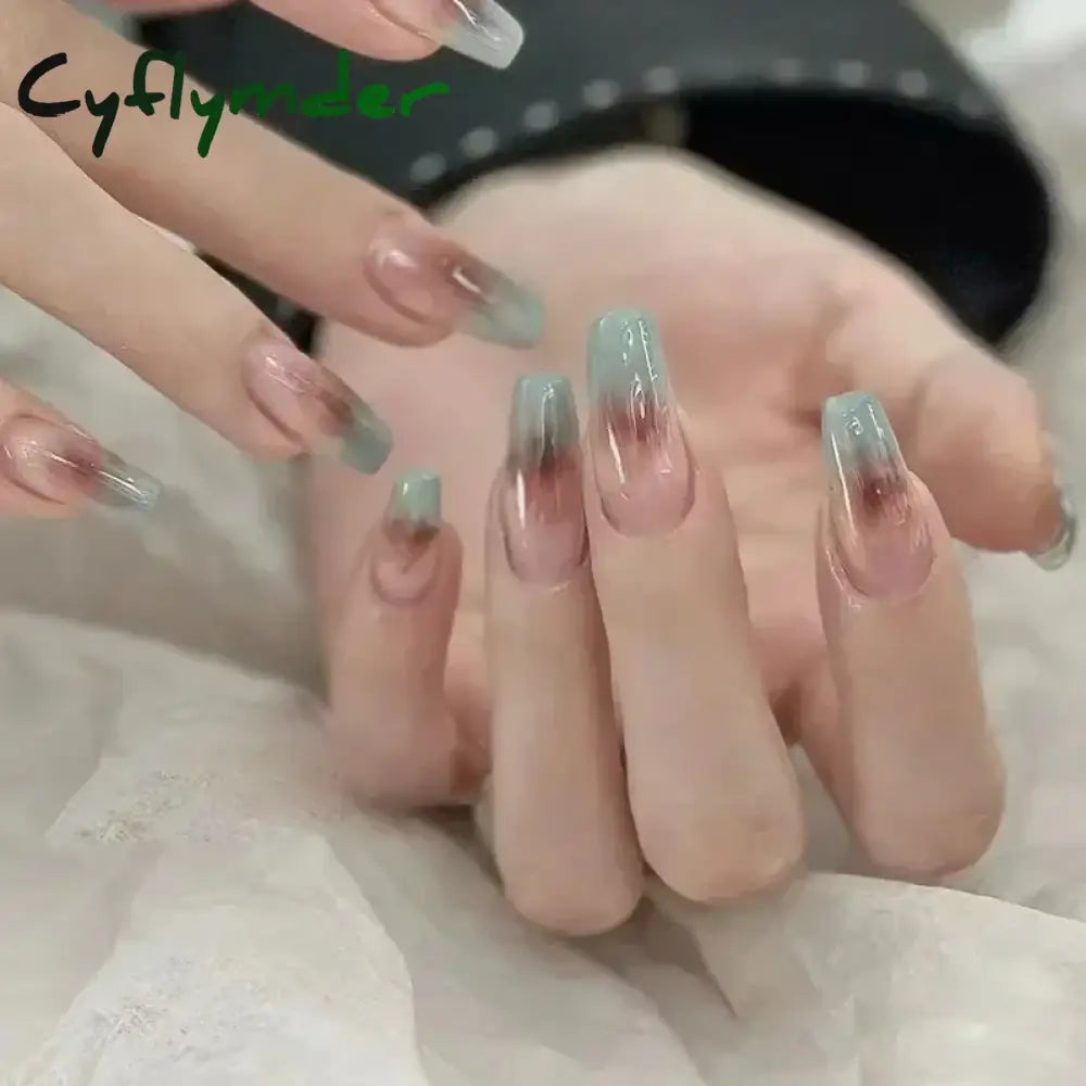 Cyflymder 24Pcs/Set Long Ballet Fake Nails Art Nude Pink Gradient False Nails Full Coverage Waterproof Artificial Press on Nail with Tools
