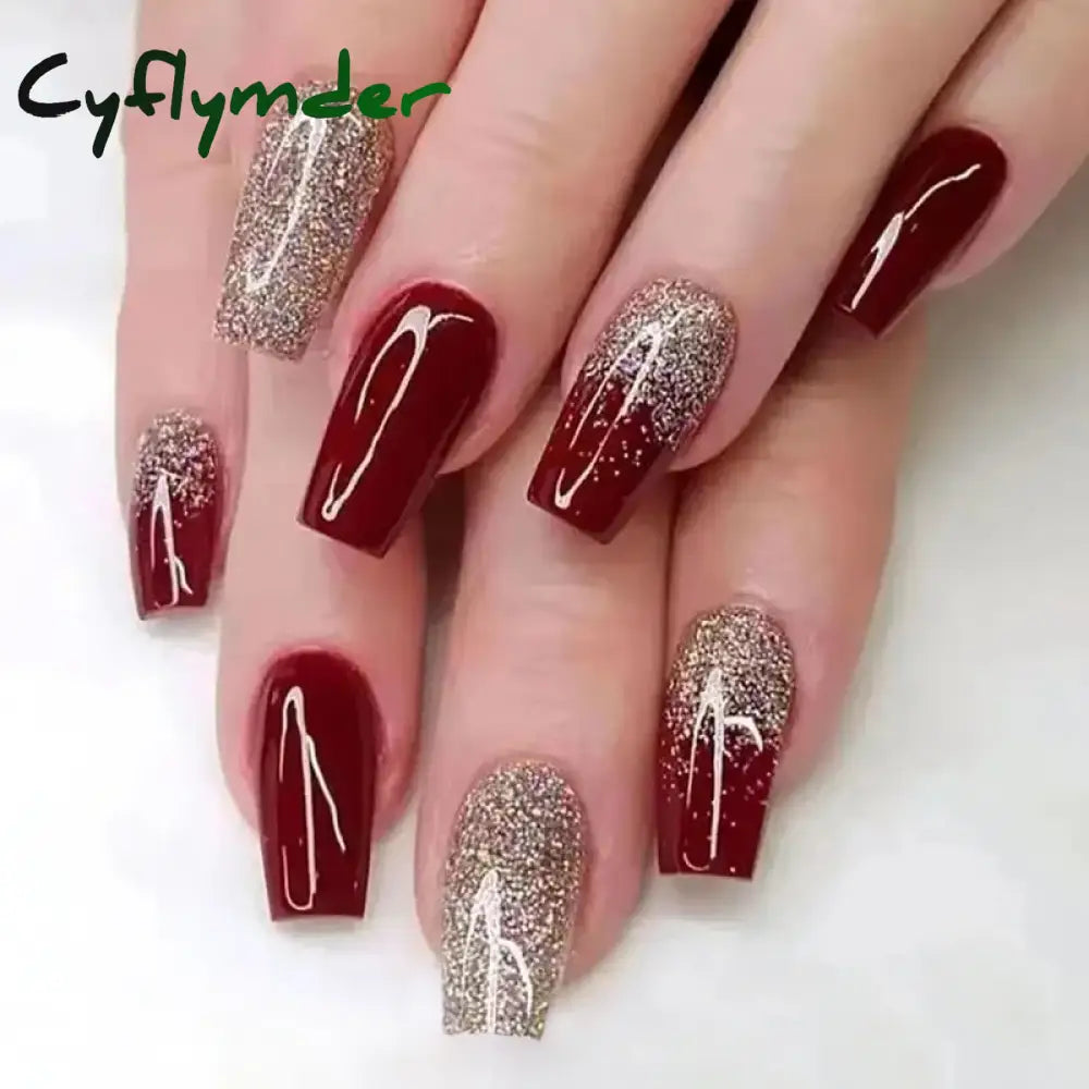Cyflymder 24Pcs/Set Wine Red Long Ballet Fake Nails Gold Glitter Gradient Artificial Removable Acrylic Press on Nails Art Stick on Nails