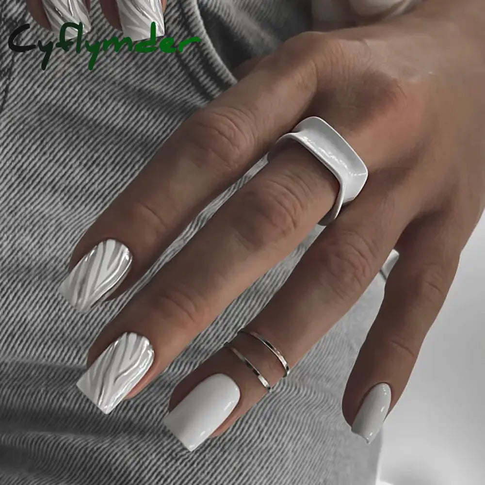 Cyflymder 24Pcs Short Square Head Fake Nail with Glue Wearable Grey Coffin False Nails French Full Cover Press on Nails Manicure Art Tips