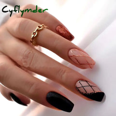 Cyflymder 24Pcs Short Square Head Fake Nail with Glue Wearable Grey Coffin False Nails French Full Cover Press on Nails Manicure Art Tips