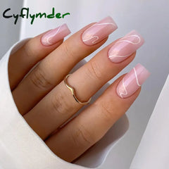 Cyflymder 24Pcs Short Square Head Fake Nail with Glue Wearable Grey Coffin False Nails French Full Cover Press on Nails Manicure Art Tips