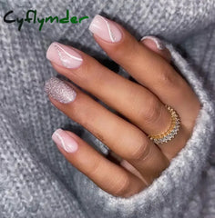 Cyflymder 24Pcs Short Square Head Fake Nail with Glue Wearable Grey Coffin False Nails French Full Cover Press on Nails Manicure Art Tips