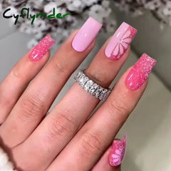 Cyflymder 24Pcs Simple Black Fake Nail Short Square Head False Nails with Glitter Star Designs Wearable French Press on Nail Tips Manicure