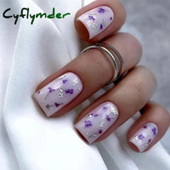 Cyflymder 24Pcs Simple Black Fake Nail Short Square Head False Nails with Glitter Star Designs Wearable French Press on Nail Tips Manicure