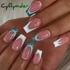 Cyflymder 24Pcs Simple False Nails Green French Long Ballerina Coffin Full Cover Nail Tips Detachable Fake Nails Press on Nails Manicure