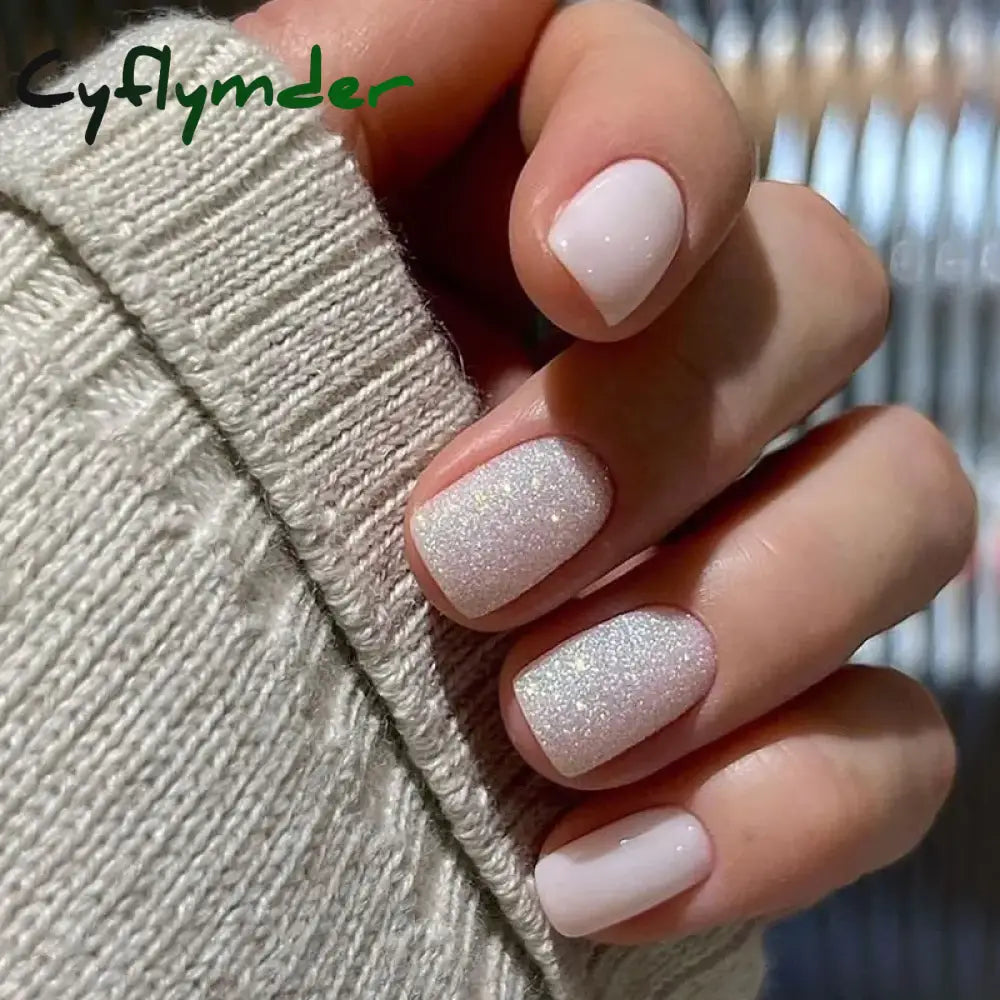 Cyflymder 24pcs Square False Nails Simple White French Glitter Fake Nails Full Cover Detachable Nail Tips Press on Nails Wholesale
