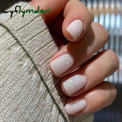Cyflymder 24pcs Square False Nails Simple White French Glitter Fake Nails Full Cover Detachable Nail Tips Press on Nails Wholesale