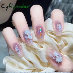Cyflymder 24Pcs Super Shiny False Nails 3D Drop Diamond y2k Mid-length Coffin Ballet Fake Nails Full Finished Fake Nail Patches For Girls