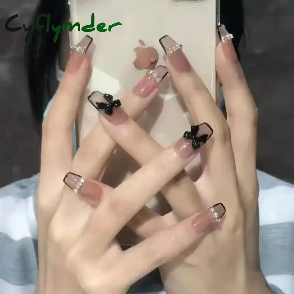 Cyflymder 24Pcs Super Shiny False Nails 3D Drop Diamond y2k Mid-length Coffin Ballet Fake Nails Full Finished Fake Nail Patches For Girls